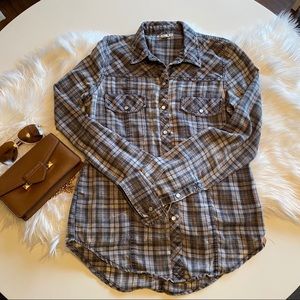 Roxy grey plaid snap down flannel shirt